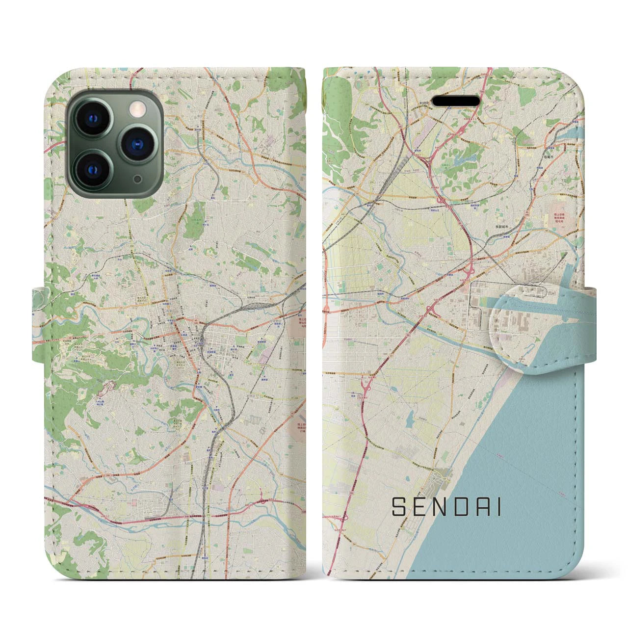 【仙台】地図柄iPhoneケース（手帳両面タイプ・ナチュラル）iPhone 11 Pro 用
