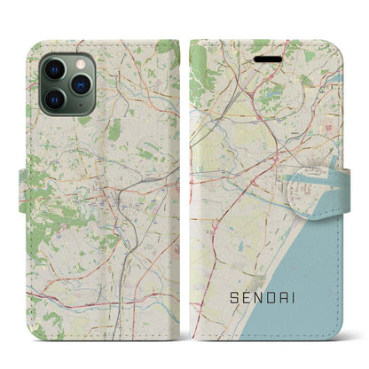 【仙台（宮城県）】地図柄iPhoneケース（手帳タイプ）ナチュラル・iPhone 11 Pro 用