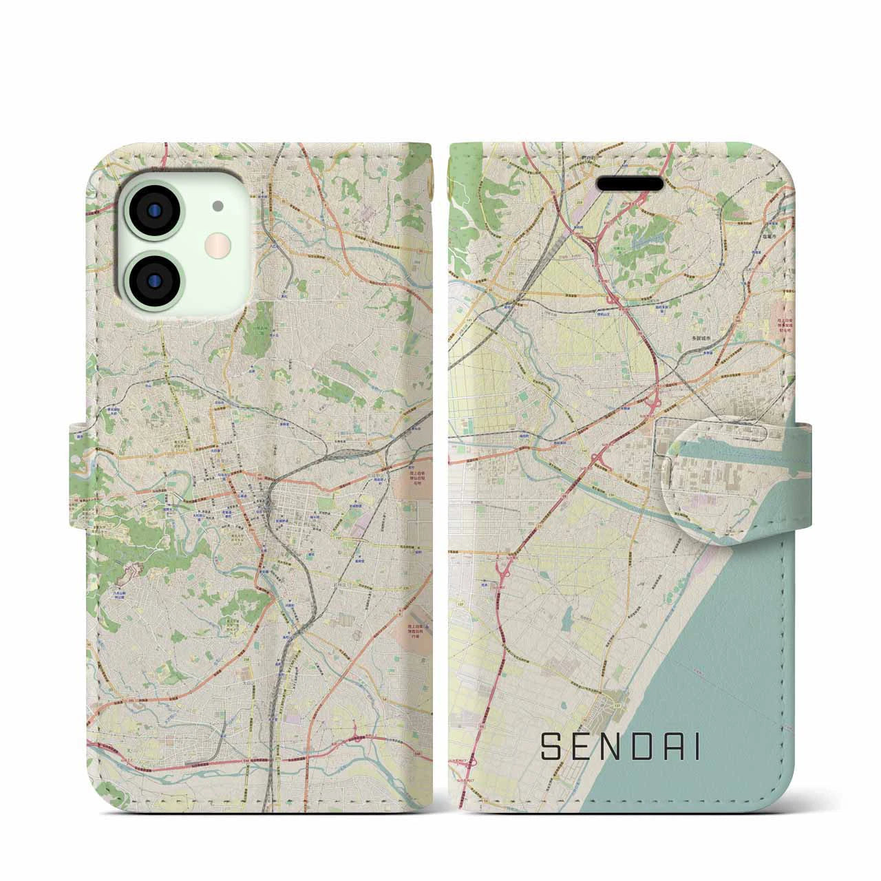 【仙台】地図柄iPhoneケース（手帳両面タイプ・ナチュラル）iPhone 12 mini 用