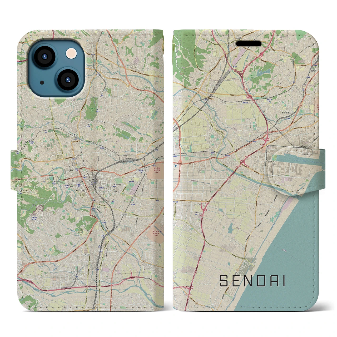 【仙台】地図柄iPhoneケース（手帳両面タイプ・ナチュラル）iPhone 13 用