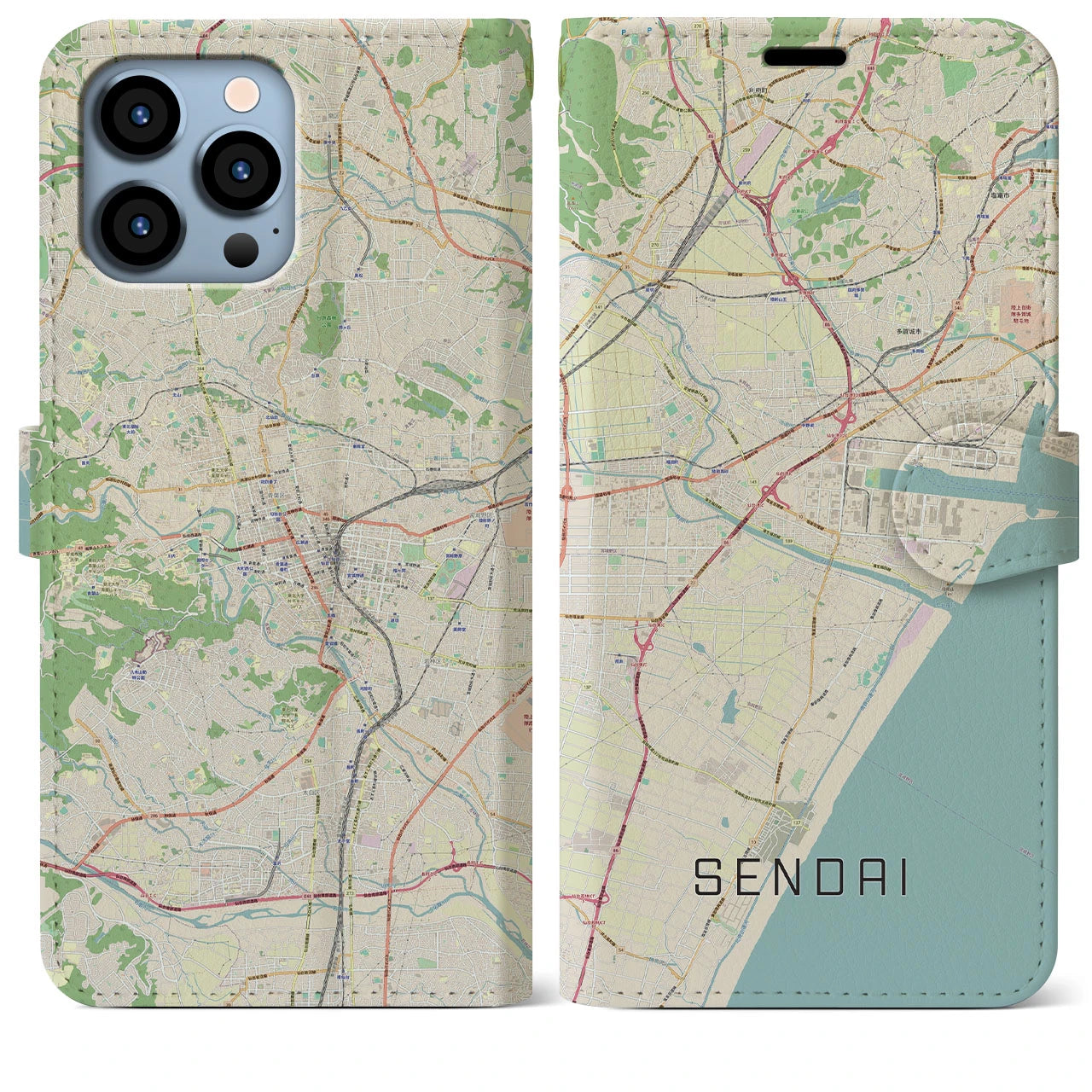 【仙台】地図柄iPhoneケース（手帳両面タイプ・ナチュラル）iPhone 13 Pro Max 用