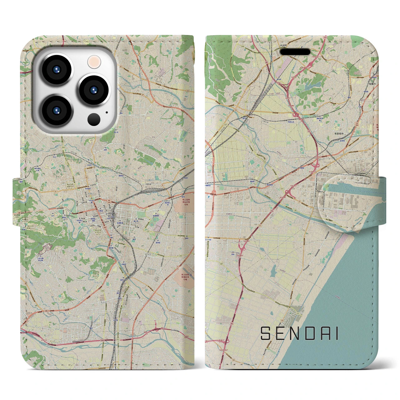 【仙台】地図柄iPhoneケース（手帳両面タイプ・ナチュラル）iPhone 13 Pro 用