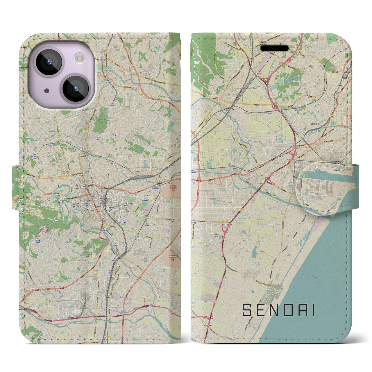 【仙台】地図柄iPhoneケース（手帳両面タイプ・ナチュラル）iPhone 14 用