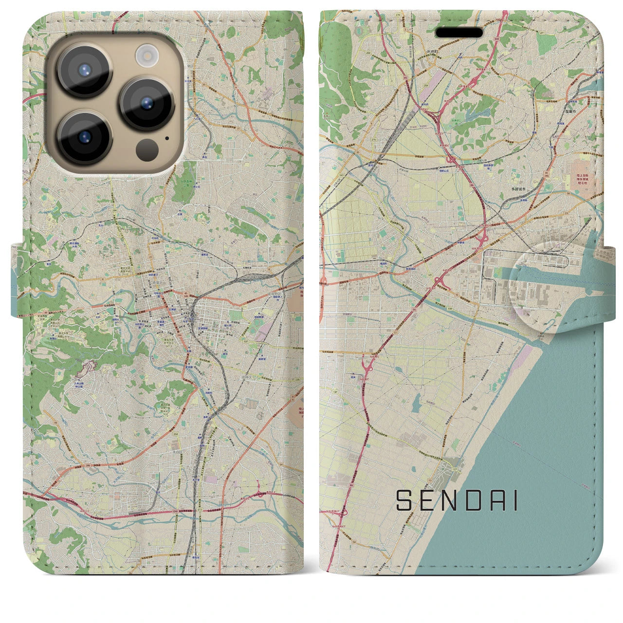 【仙台】地図柄iPhoneケース（手帳両面タイプ・ナチュラル）iPhone 14 Pro Max 用