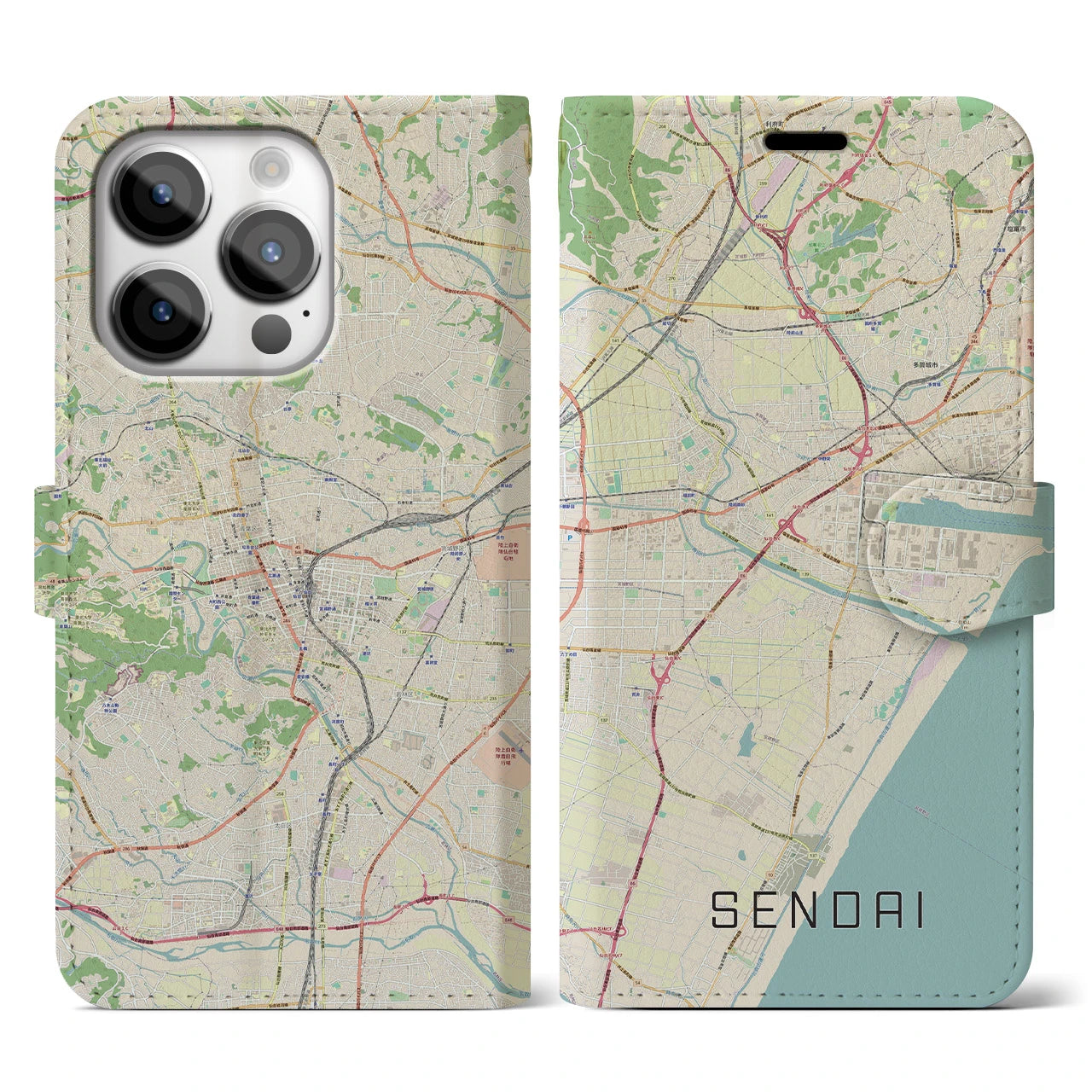 【仙台】地図柄iPhoneケース（手帳両面タイプ・ナチュラル）iPhone 14 Pro 用