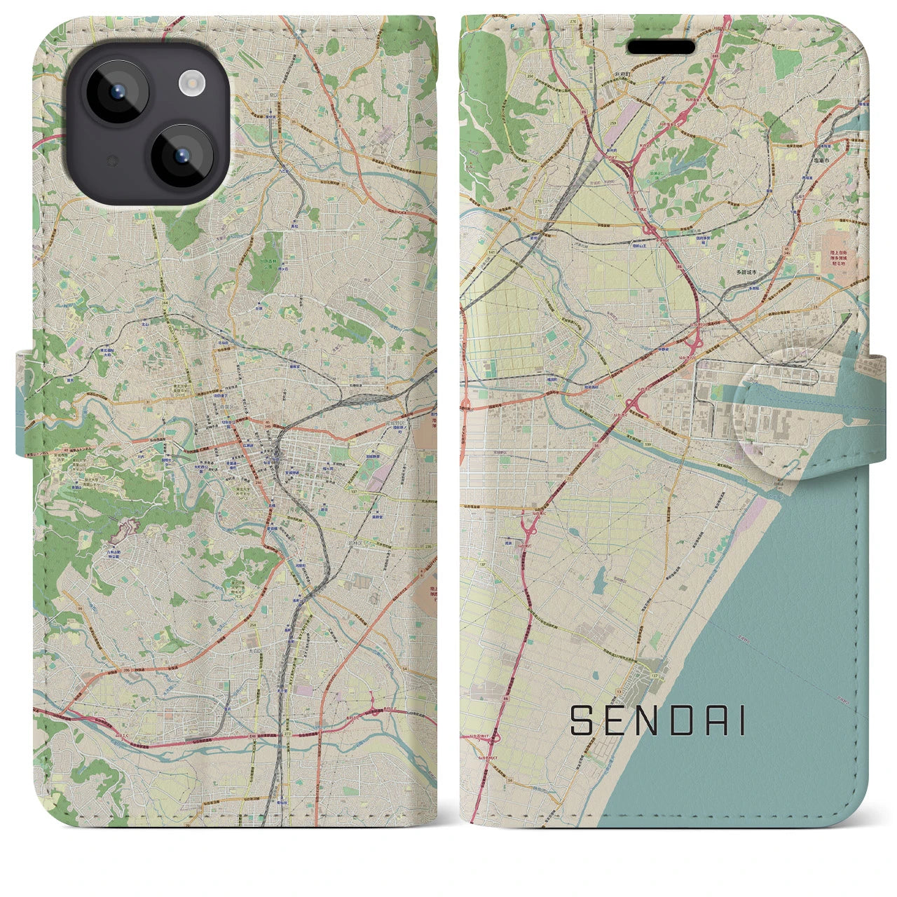 【仙台】地図柄iPhoneケース（手帳両面タイプ・ナチュラル）iPhone 14 Plus 用