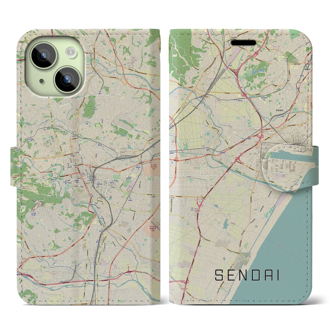 【仙台】地図柄iPhoneケース（手帳両面タイプ・ナチュラル）iPhone 15 用