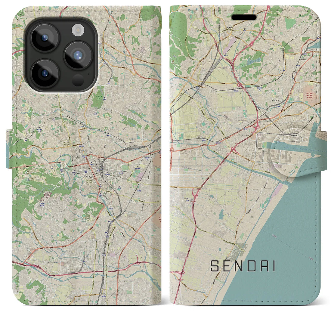【仙台】地図柄iPhoneケース（手帳両面タイプ・ナチュラル）iPhone 15 Pro Max 用