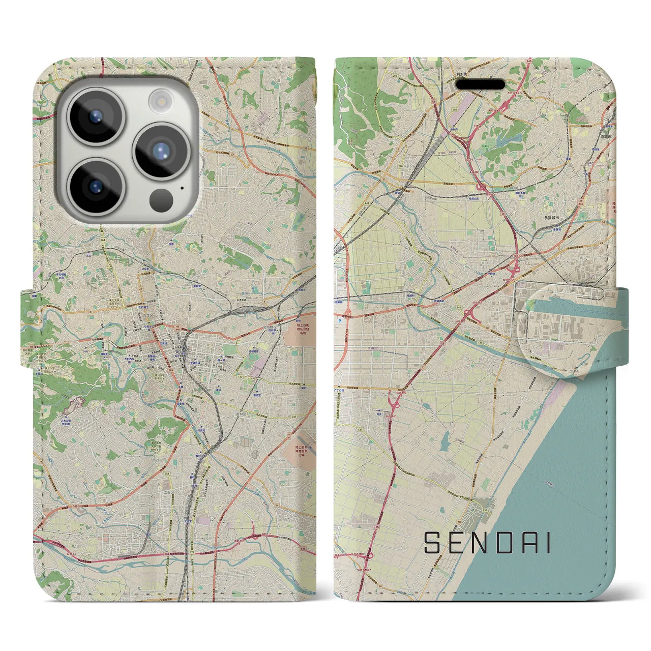 【仙台】地図柄iPhoneケース（手帳両面タイプ・ナチュラル）iPhone 15 Pro 用