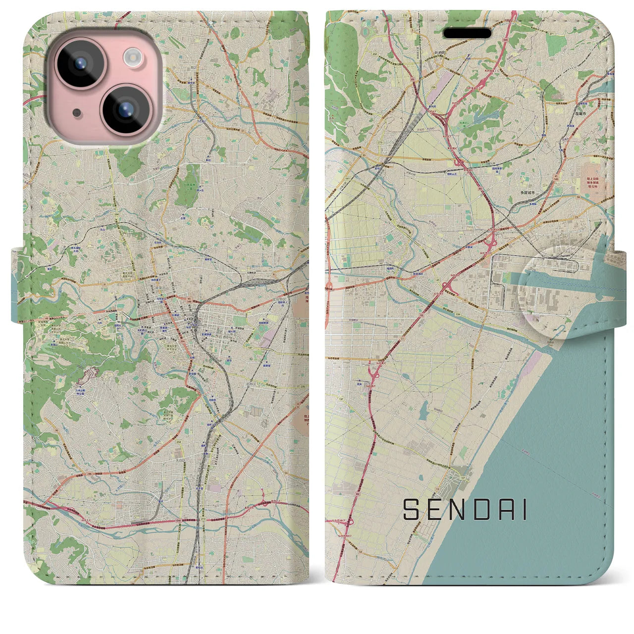 【仙台】地図柄iPhoneケース（手帳両面タイプ・ナチュラル）iPhone 15 Plus 用