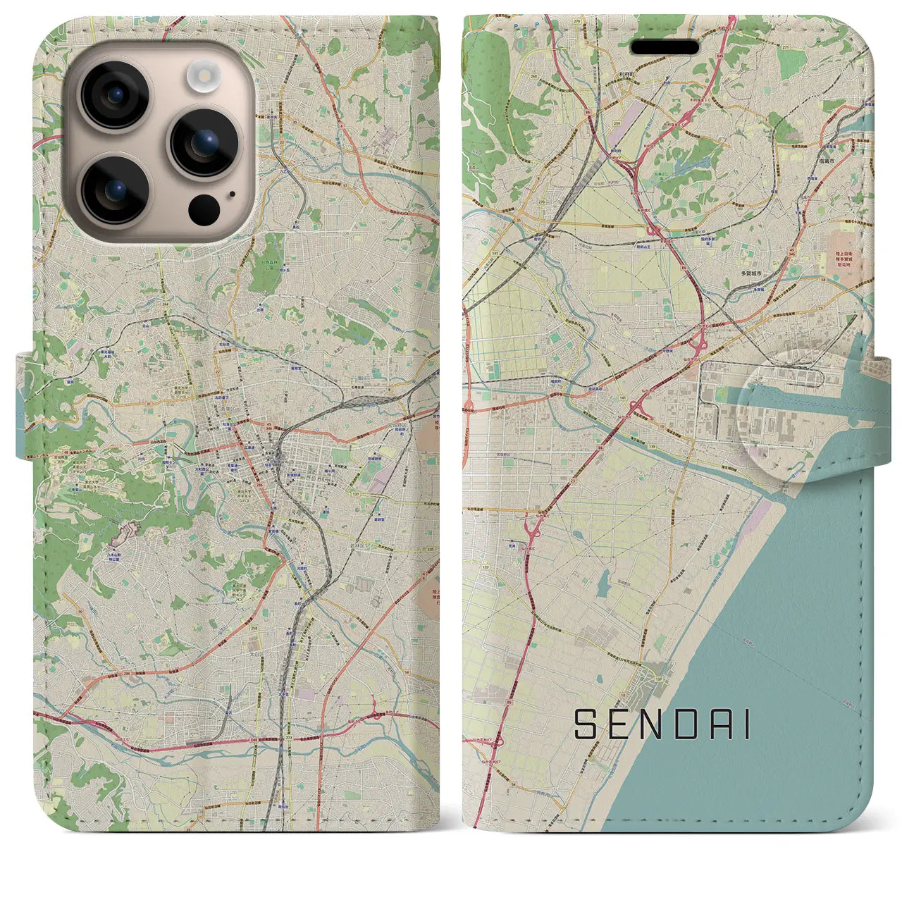 【仙台（宮城県）】地図柄iPhoneケース（手帳タイプ）ナチュラル・iPhone 16 Plus 用