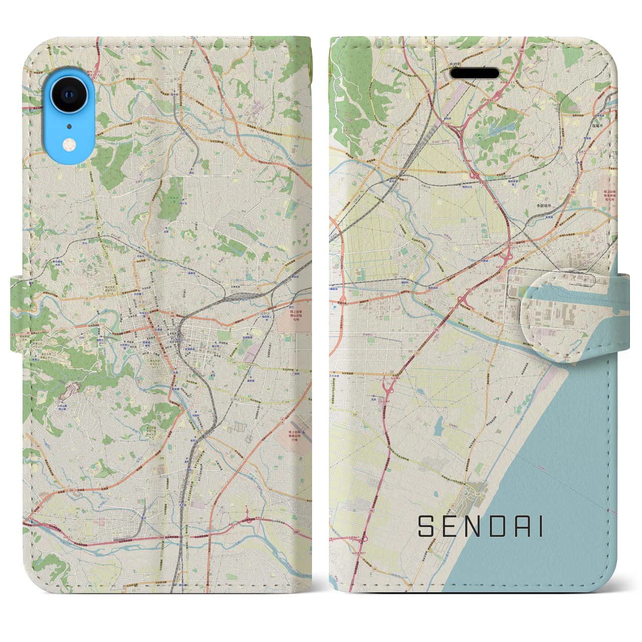 【仙台】地図柄iPhoneケース（手帳両面タイプ・ナチュラル）iPhone XR 用