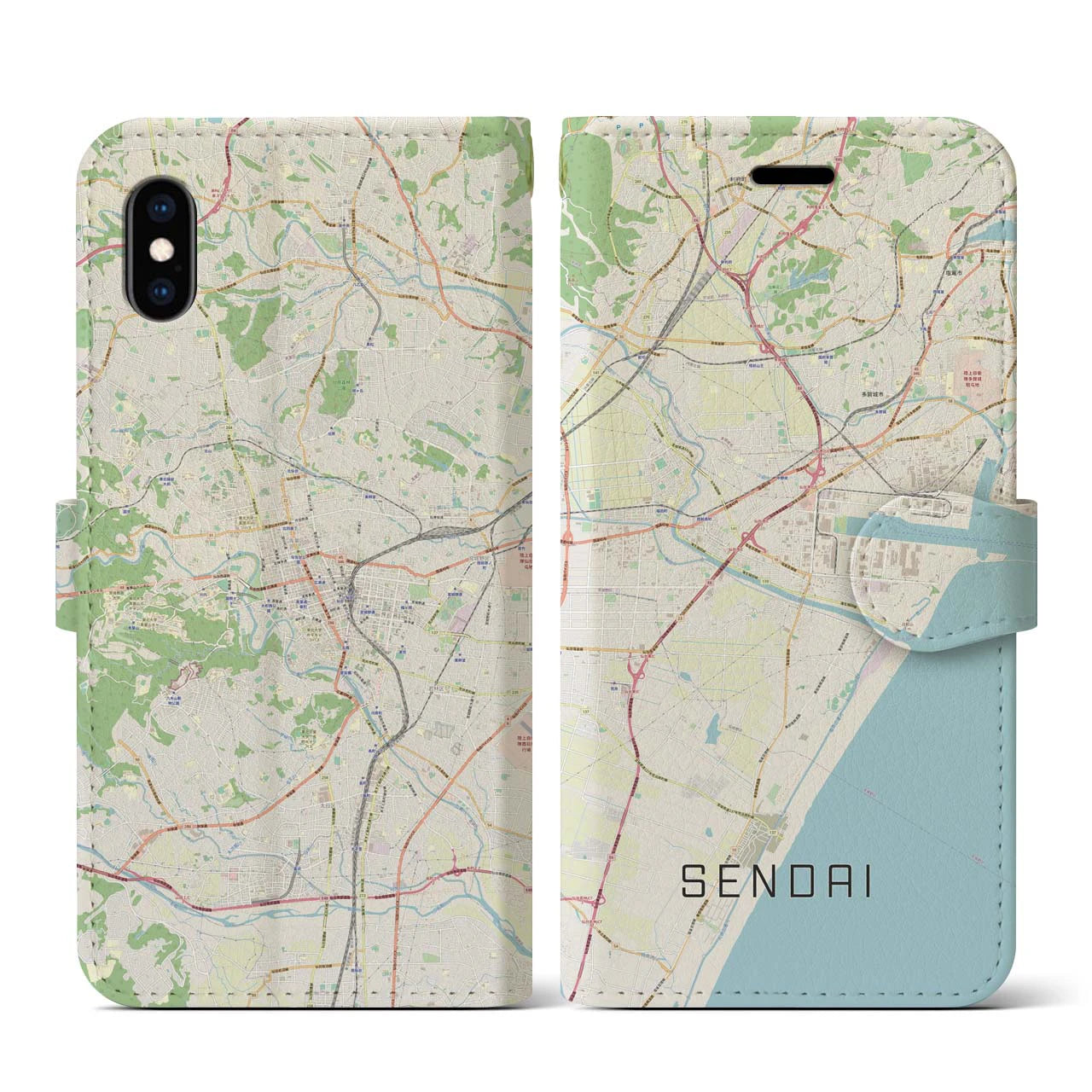 【仙台】地図柄iPhoneケース（手帳両面タイプ・ナチュラル）iPhone XS / X 用