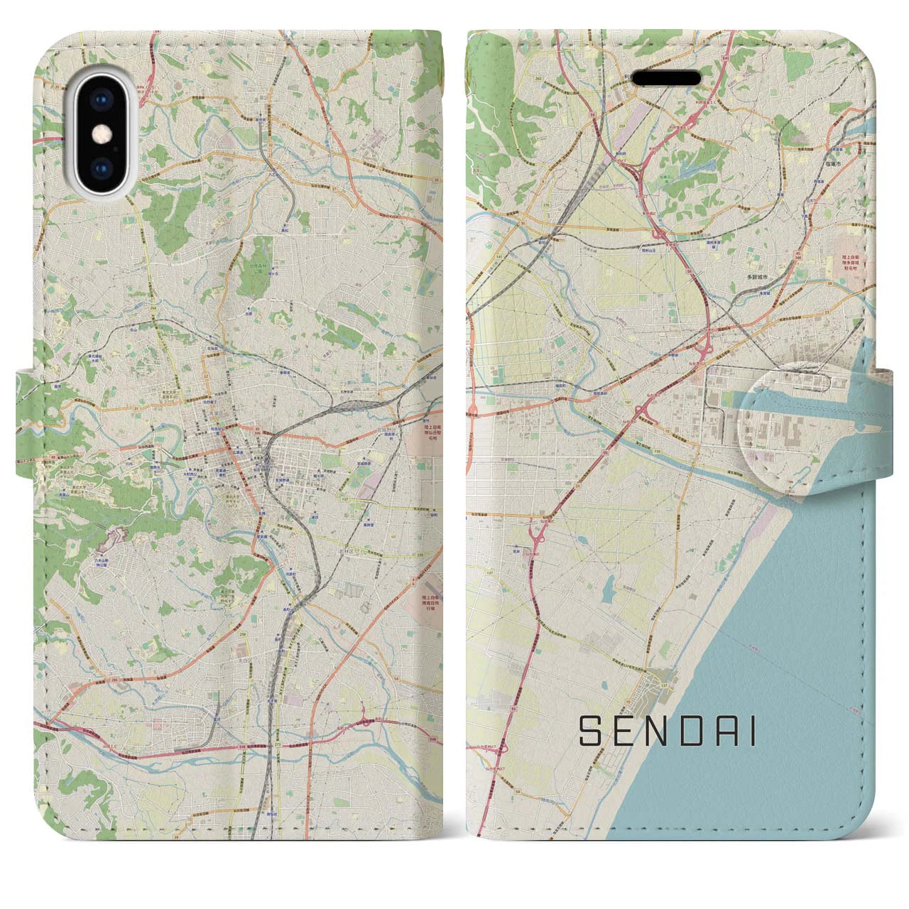 【仙台】地図柄iPhoneケース（手帳両面タイプ・ナチュラル）iPhone XS Max 用