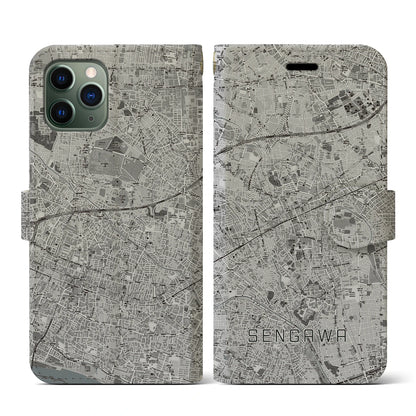 【仙川（東京都）】地図柄iPhoneケース（手帳タイプ）モノトーン・iPhone 11 Pro 用