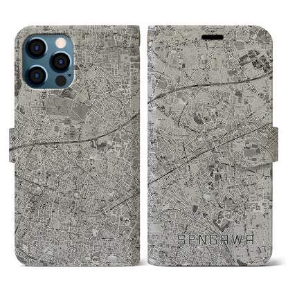 【仙川（東京都）】地図柄iPhoneケース（手帳タイプ）モノトーン・iPhone 12 / 12 Pro 用