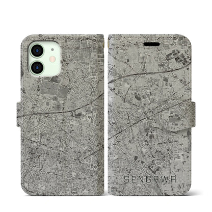 【仙川（東京都）】地図柄iPhoneケース（手帳タイプ）モノトーン・iPhone 12 mini 用