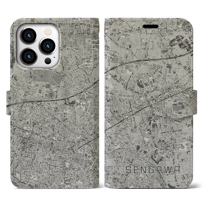 【仙川（東京都）】地図柄iPhoneケース（手帳タイプ）モノトーン・iPhone 13 Pro 用