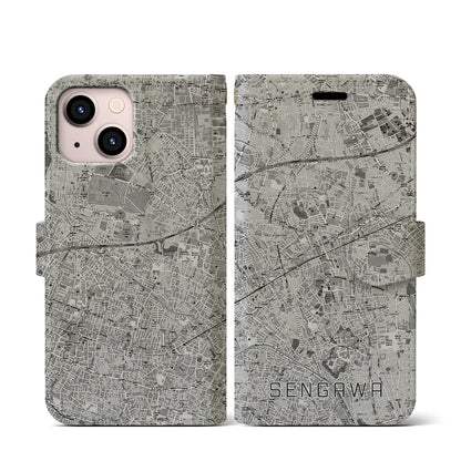 【仙川（東京都）】地図柄iPhoneケース（手帳タイプ）モノトーン・iPhone 13 mini 用