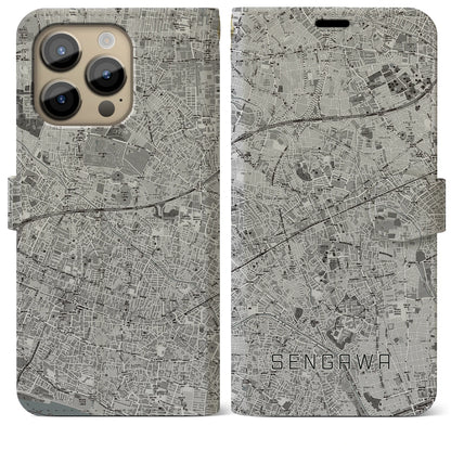 【仙川（東京都）】地図柄iPhoneケース（手帳タイプ）モノトーン・iPhone 14 Pro Max 用