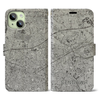 【仙川（東京都）】地図柄iPhoneケース（手帳タイプ）モノトーン・iPhone 15 用