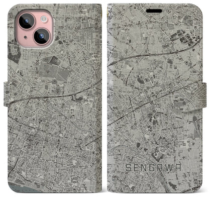 【仙川（東京都）】地図柄iPhoneケース（手帳タイプ）モノトーン・iPhone 15 Plus 用