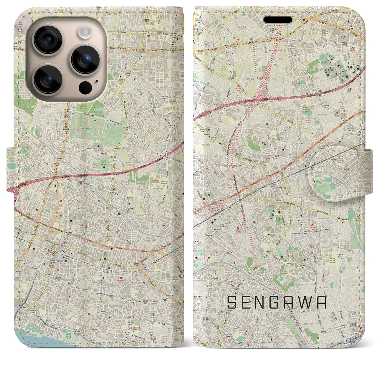 【仙川（東京都）】地図柄iPhoneケース（手帳タイプ）ナチュラル・iPhone 16 Plus 用