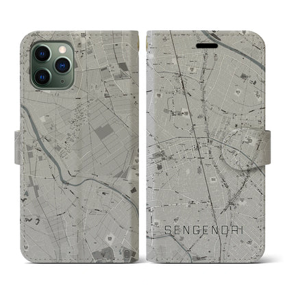 【せんげん台（埼玉県）】地図柄iPhoneケース（手帳タイプ）モノトーン・iPhone 11 Pro 用