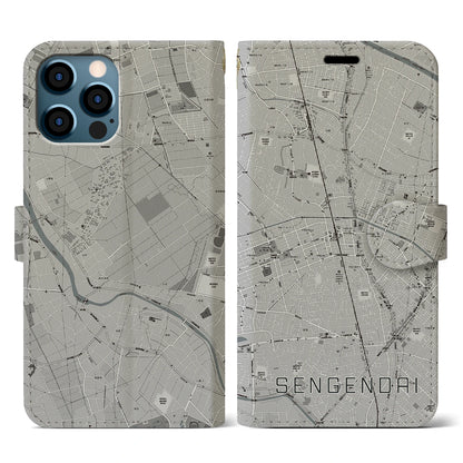 【せんげん台（埼玉県）】地図柄iPhoneケース（手帳タイプ）モノトーン・iPhone 12 / 12 Pro 用