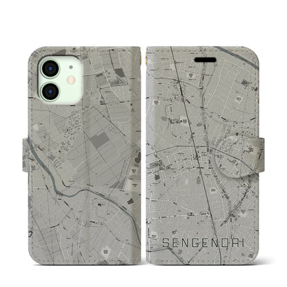 【せんげん台（埼玉県）】地図柄iPhoneケース（手帳タイプ）モノトーン・iPhone 12 mini 用
