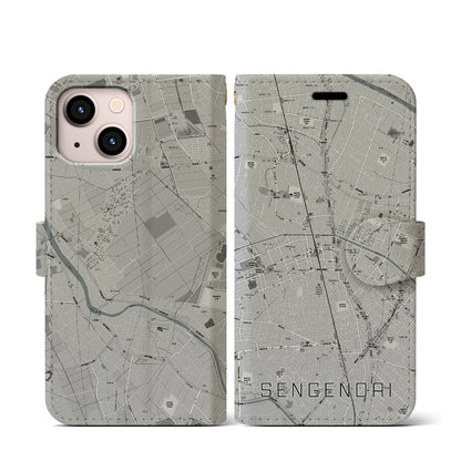 【せんげん台（埼玉県）】地図柄iPhoneケース（手帳タイプ）モノトーン・iPhone 13 mini 用