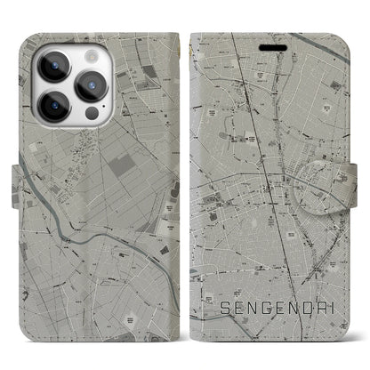 【せんげん台（埼玉県）】地図柄iPhoneケース（手帳タイプ）モノトーン・iPhone 14 Pro 用