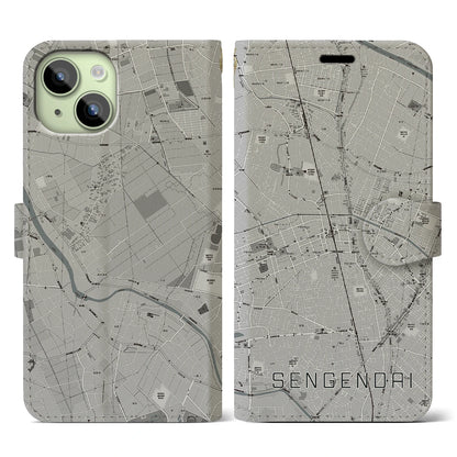 【せんげん台（埼玉県）】地図柄iPhoneケース（手帳タイプ）モノトーン・iPhone 15 用