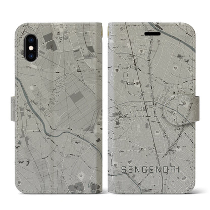 【せんげん台（埼玉県）】地図柄iPhoneケース（手帳タイプ）モノトーン・iPhone XS / X 用