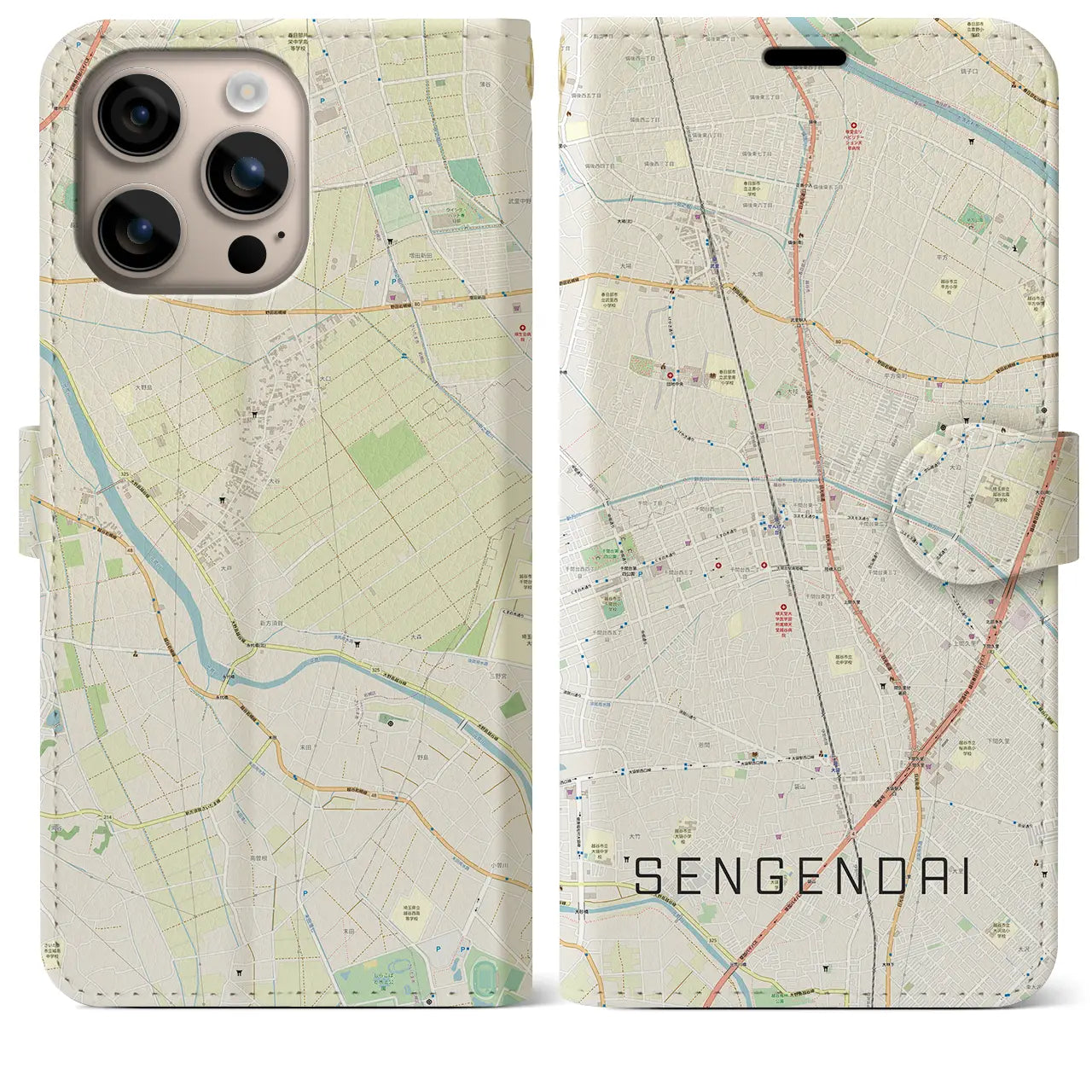 【せんげん台（埼玉県）】地図柄iPhoneケース（手帳タイプ）ナチュラル・iPhone 16 Plus 用