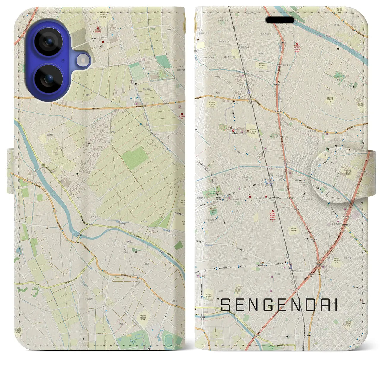 【せんげん台（埼玉県）】地図柄iPhoneケース（手帳タイプ）ナチュラル・iPhone 16 Pro Max 用