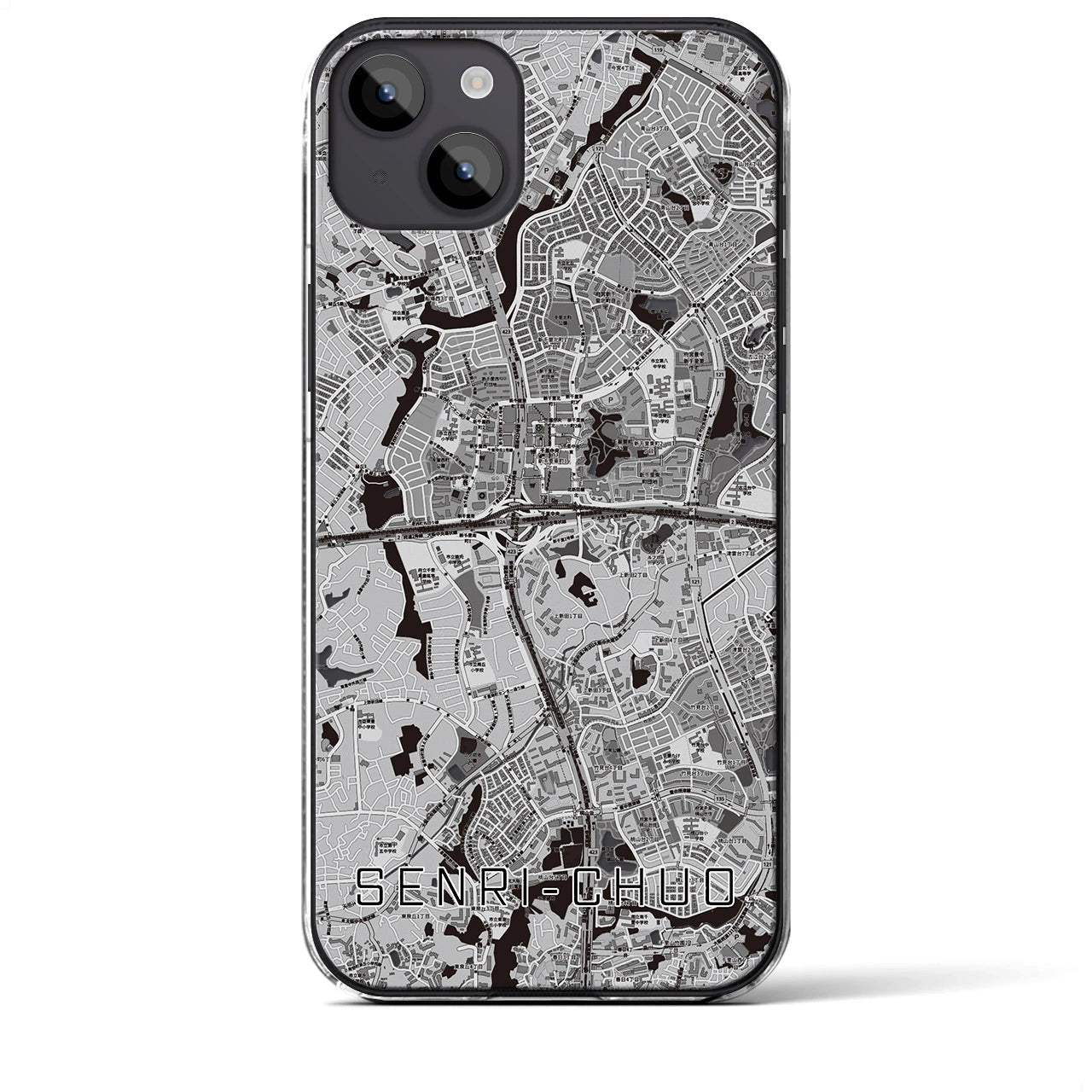 【千里中央（大阪府）】地図柄iPhoneケース（クリアタイプ）モノトーン・iPhone 14 Plus 用