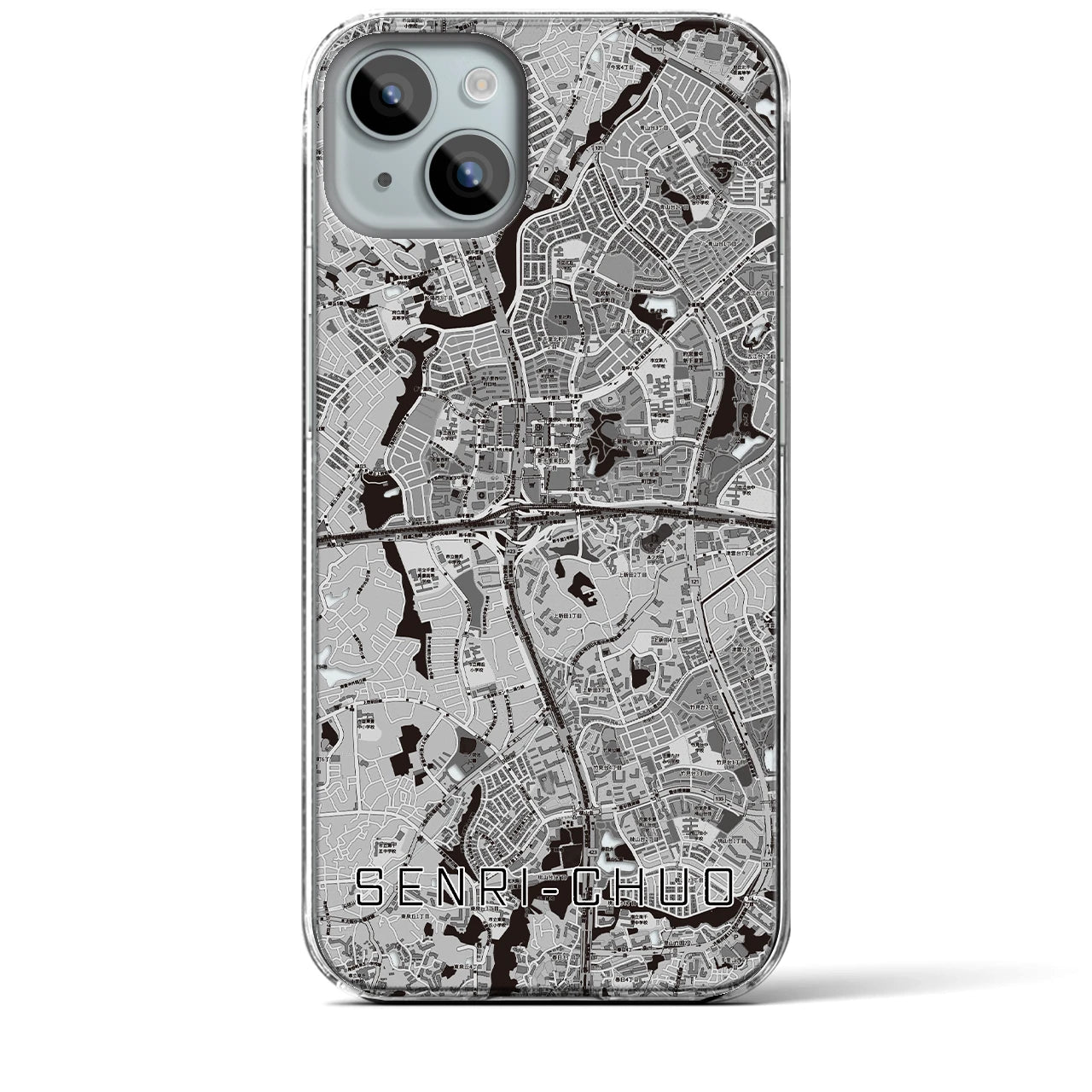 【千里中央（大阪府）】地図柄iPhoneケース（クリアタイプ）モノトーン・iPhone 15 Plus 用