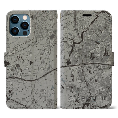 【千里中央（大阪府）】地図柄iPhoneケース（手帳タイプ）モノトーン・iPhone 12 / 12 Pro 用