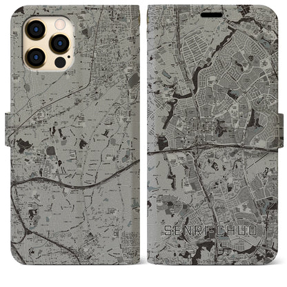 【千里中央（大阪府）】地図柄iPhoneケース（手帳タイプ）モノトーン・iPhone 12 Pro Max 用