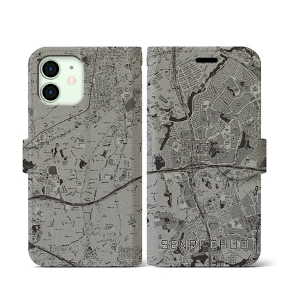 【千里中央（大阪府）】地図柄iPhoneケース（手帳タイプ）モノトーン・iPhone 12 mini 用