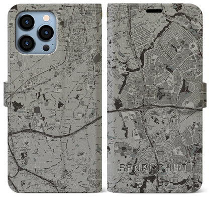 【千里中央（大阪府）】地図柄iPhoneケース（手帳タイプ）モノトーン・iPhone 13 Pro Max 用