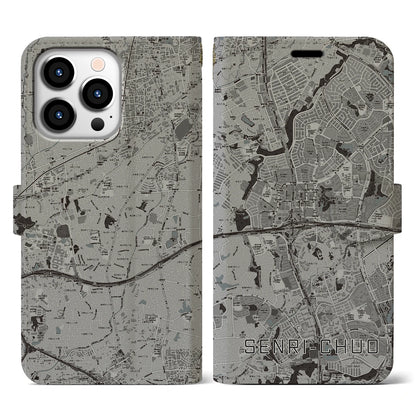 【千里中央（大阪府）】地図柄iPhoneケース（手帳タイプ）モノトーン・iPhone 13 Pro 用