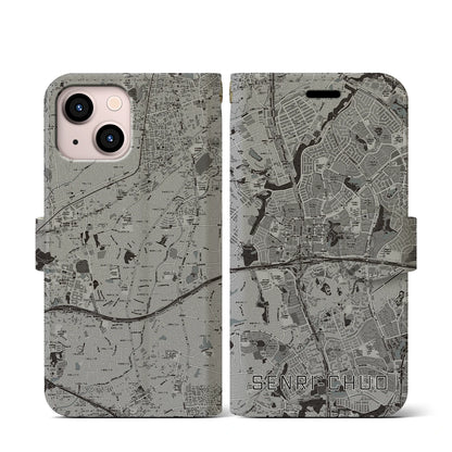 【千里中央（大阪府）】地図柄iPhoneケース（手帳タイプ）モノトーン・iPhone 13 mini 用