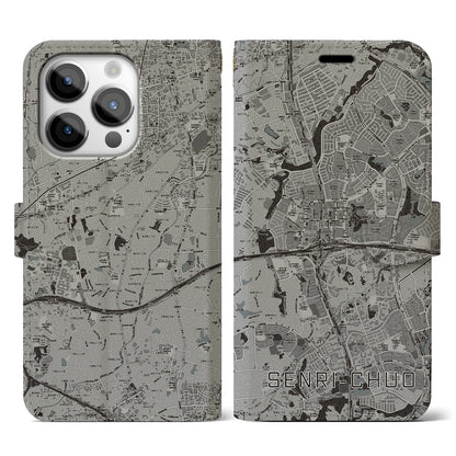 【千里中央（大阪府）】地図柄iPhoneケース（手帳タイプ）モノトーン・iPhone 14 Pro 用