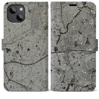 【千里中央（大阪府）】地図柄iPhoneケース（手帳タイプ）モノトーン・iPhone 14 Plus 用