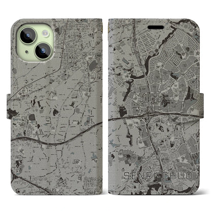 【千里中央（大阪府）】地図柄iPhoneケース（手帳タイプ）モノトーン・iPhone 15 用