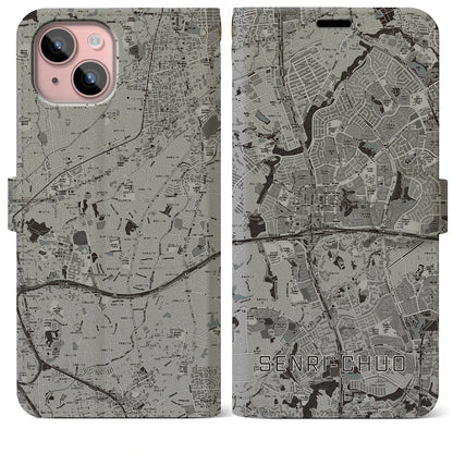 【千里中央（大阪府）】地図柄iPhoneケース（手帳タイプ）モノトーン・iPhone 15 Plus 用