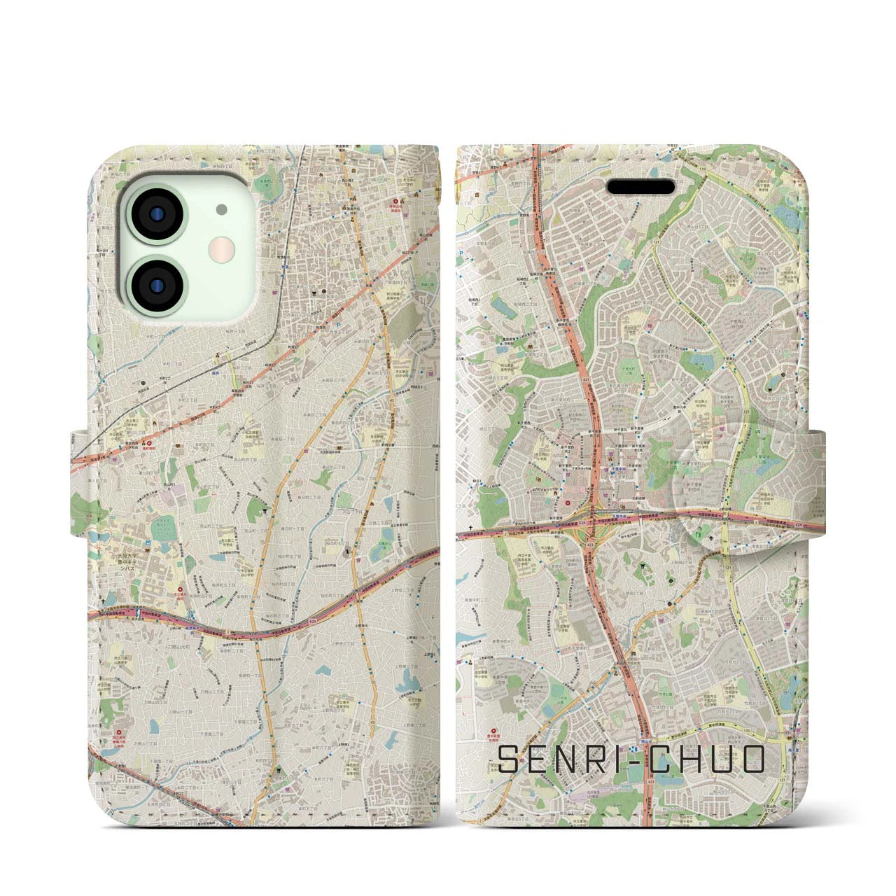 【千里中央】地図柄iPhoneケース（手帳両面タイプ・ナチュラル）iPhone 12 mini 用