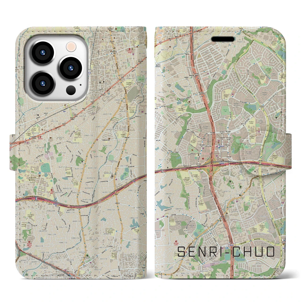 【千里中央】地図柄iPhoneケース（手帳両面タイプ・ナチュラル）iPhone 13 Pro 用